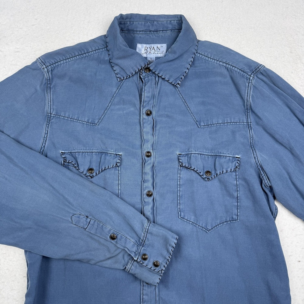 Ryan Michael Shirt Mens Medium Blue Long Sleeve Western Snap Button Up Silk
